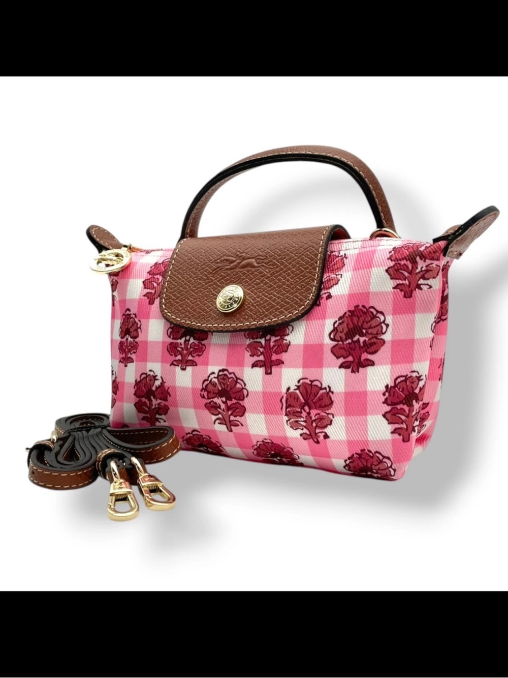 Longchamp XS Le Pliage Artichoke Rose Pink Gingham - Picture 2 of 9